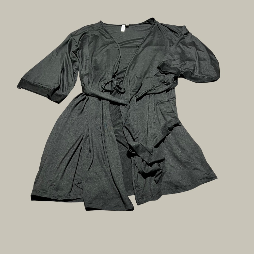 Joyspun Black Wrap Robe Short‎ Mesh Trim Sleeves Recycled Knit L-XL JS0395670CA